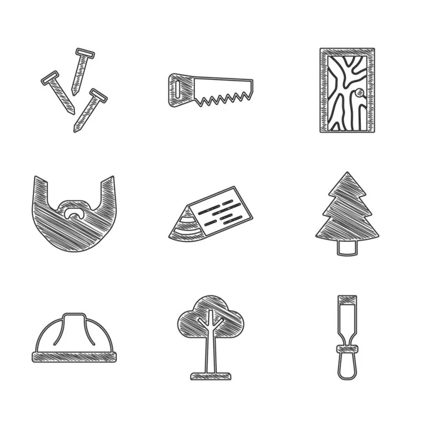 Set Viga de madera, Árbol, Herramienta Quisel, Árbol de Navidad, Casco de seguridad de trabajador, bigote y barba, Puerta cerrada e icono de clavos metálicos. Vector — Archivo Imágenes Vectoriales