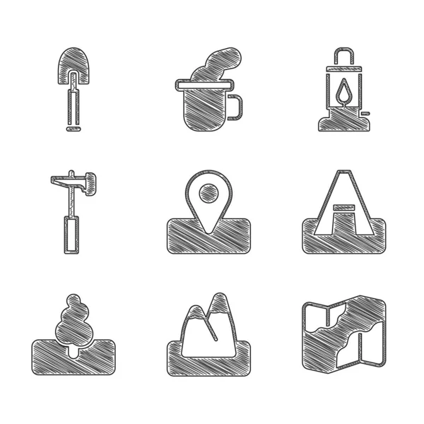 Set Location for camping, Mountains, Camping and hiking map, Tourist tent, Tree, Hammer, lantern and Shovel icon. Vector — Stockový vektor