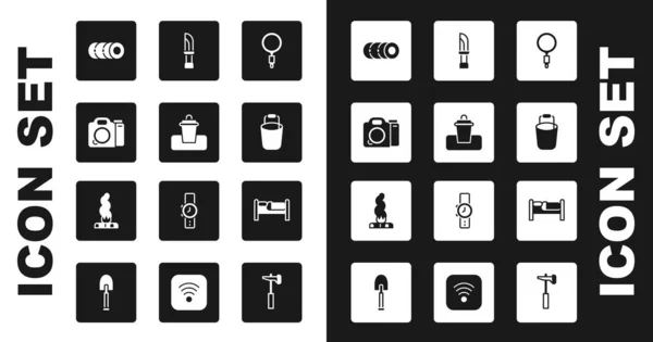 Set Magnifying glass, Trash can, Photo camera, Blanket roll, Bucket, Knife, Bed and Campfire icon. Vector — Stockvektor