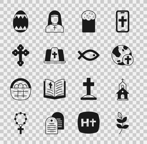 Set Willow leaf, Church building, Christian cross with globe, Easter cake, Pope hat, egg and fish symbol icon. Vector — стоковый вектор