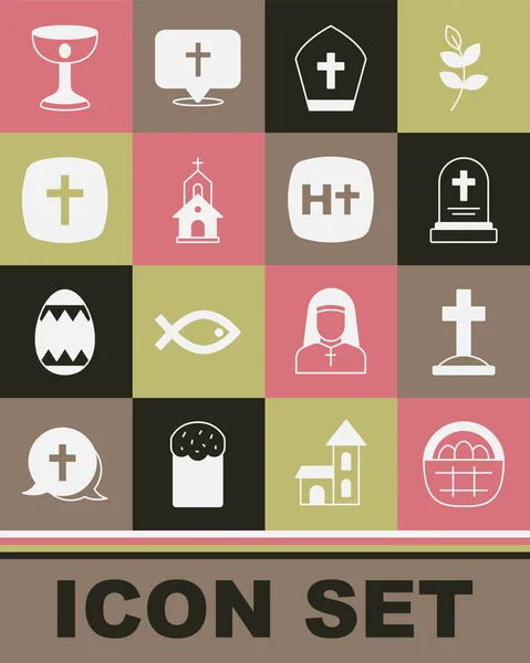 Set Basket with easter eggs, Grave cross, tombstone, Pope hat, Church building, Christian, chalice and icon. Vector — Stockvektor