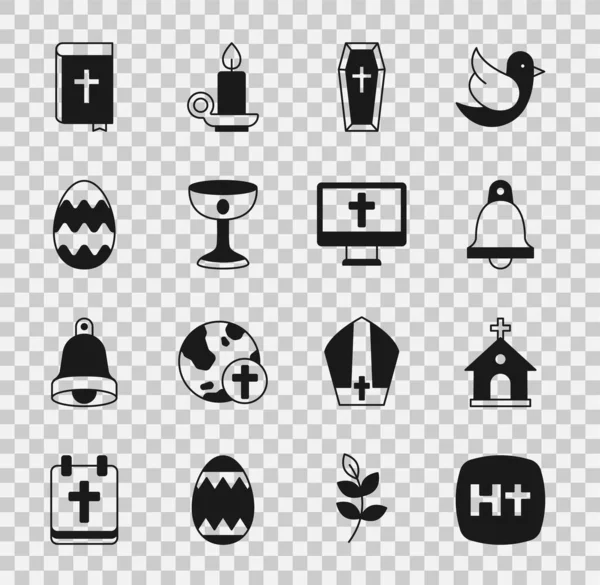 Set Christian cross, Church building, bell, Coffin, chalice, Easter egg, Holy bible book and on monitor icon. Vector — Stockvektor