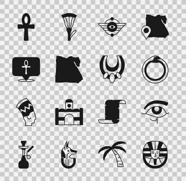 Set Egyptian pharaoh, Eye of Horus, Magic symbol Ouroboros, Winged sun, Map, Cross ankh, and necklace icon. Vector — Archivo Imágenes Vectoriales