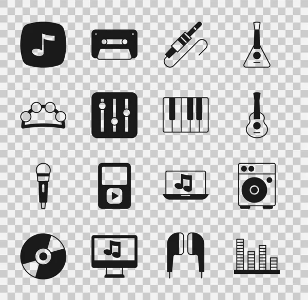 Set Music equalizer, Guitar amplifier, Audio jack, Sound mixer controller, Tambourine, note, tone and synthesizer icon. Vector — Stock Vector