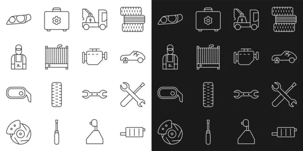 Set line Auto Schalldämpfer, Schraubendreher und Schraubenschlüssel, kaputtes Auto, Abschleppwagen, Kühlerkühlsystem, Mechaniker, Scheinwerfer und Motorsymbol prüfen. Vektor — Stockvektor