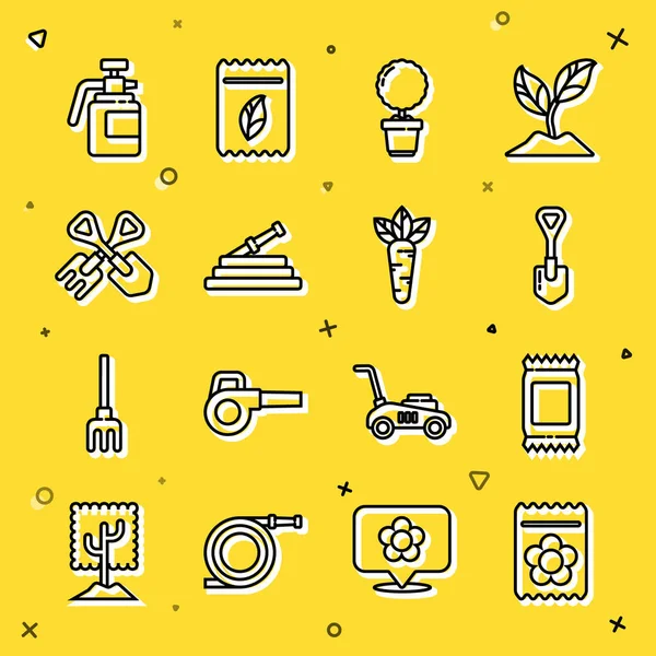 Bitki tohumu, gübre torbası, saksıda çiçek, bahçe hortumu ya da yangın hortumu ve gübre ve havuç ikonu dolu bir sıra oluştur. Vektör