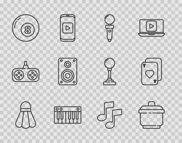 Set line Badminton shuttlecock, Cooking pot, Joystick for arcade machine, Music synthesizer, Billiard pool snooker ball, Stereo speaker, note, tone and Playing cards icon. Vector — Stockvector