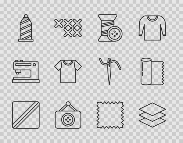 Set line Symönster, lager kläder textil, tråd och knapp, Skräddarsydd butik, T-shirt, läder och textil tyg rulle ikon. Vektor — Stock vektor
