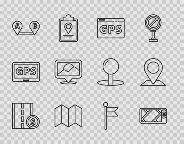 Hat Toll trafik levhası, haritalı GPS cihazı, Katlanmış, rota konumu, konum, işaret ve simge. Vektör