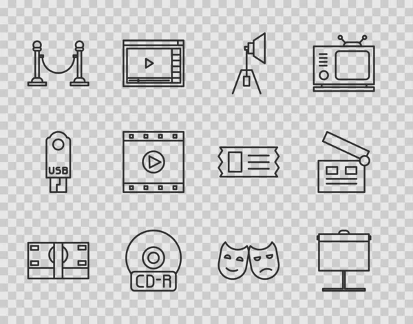 Set line Stacks paper money cash, Projection screen, Movie spotlight, CD or DVD disk, Rope barrier, Play Video, Comedy and tragedy masks and clapper icon. Vector — ストックベクタ