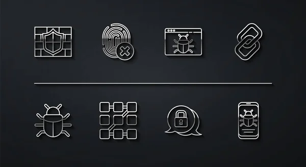 Definir linha Escudo com parede de tijolo, bug do sistema, elo de corrente, segurança cibernética, proteção de senha gráfica, impressão digital cancelada, celular e ícone. Vetor — Vetor de Stock