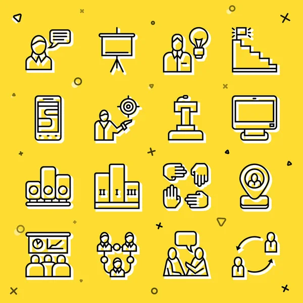 Hat insan kaynakları, işçi konumu, bilgisayar monitörü, lamba ampulü, pazarlama hedef stratejisi, sohbet mesajları, konuşma balonu sohbeti ve tribün simgesi. Vektör