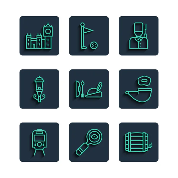 Set line Tram and railway, Magnifying glass, Wooden barrel, British soldier, Robin hood hat, Vintage street light, Big Ben tower and Smoking pipe icon. Vector — 스톡 벡터