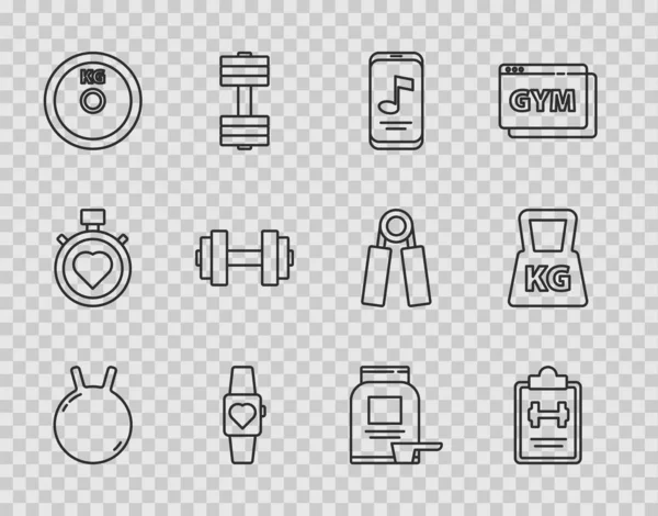 Set hattı Kettlebell, spor eğitim programı, müzik çalar, Smartwatch, ağırlık plakası, Dumbbell, Spor beslenme ve ikon. Vektör