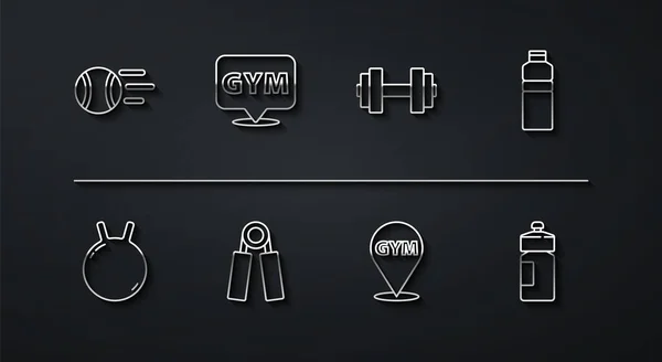 Set line Tennis ball, Kettlebell, Fitness shaker, Location gym, Sport expander, and Dumbbell icon. Vector — Image vectorielle
