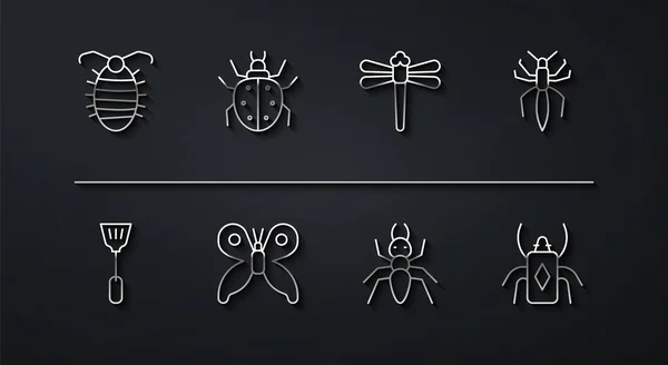 Imposta linea Larva insetto, Fly swatter, Spider, Ant, Butterfly, Mite, Beetle bug e icona libellula. Vettore — Vettoriale Stock