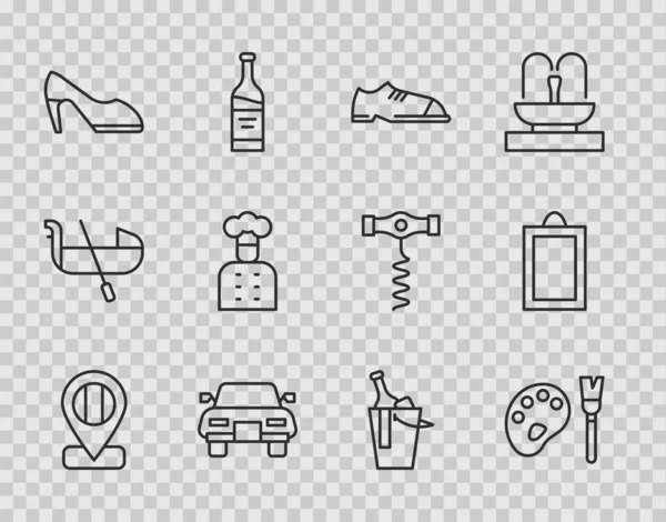 Set line Location flag Italy, Paint brush with palette, Men shoes, Car, Woman, Italian cook, Bottle of wine bucket and Picture icon. Vector — Stockvektor