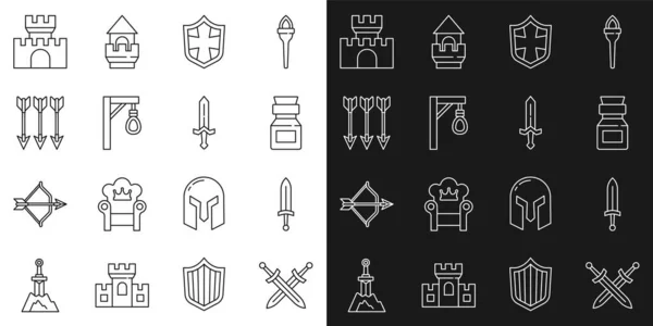 Set line Crossed medieval sword, Medieval, Poison in bottle, Shield, Gallows, arrows, Castle, fortress and icon. Vector — Vetor de Stock