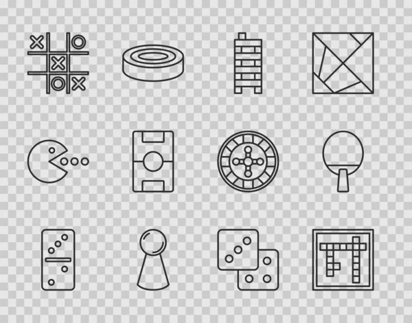 Set line Domino, Bingo, Mahjong pieces, Chip for board game, Tic tac toe, Hockey table, Game dice and Racket icon. Vector — Vector de stock