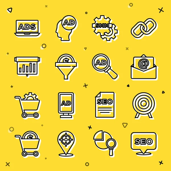 SEO optimizasyonu, hedef spor, posta ve e-posta, sosyal medya pazarlaması, lider yönetim, grafik grafikli pano, reklam ve simge. Vektör
