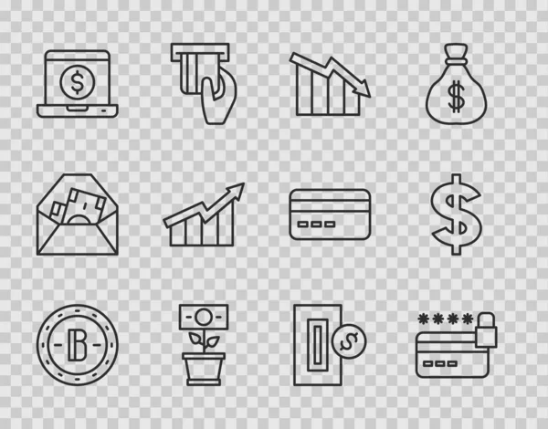 Set line Bitcoin, Credit card with lock, Financial growth decrease, Money plant the pot, Laptop dollar, increase, Inserting and Dollar symbol icon. Vector — Vettoriale Stock
