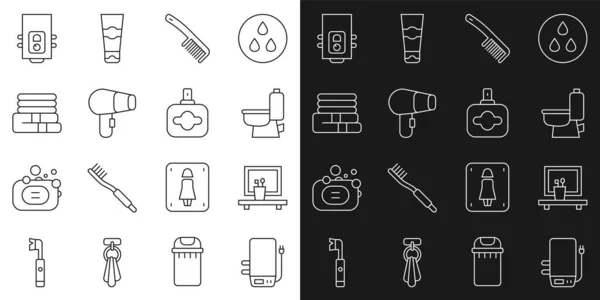 Set line Electric boiler, Washbasin mirror, Toilet bowl, Hairbrush, dryer, Towel stack, Gas and Perfume icon. Vector — Vetor de Stock