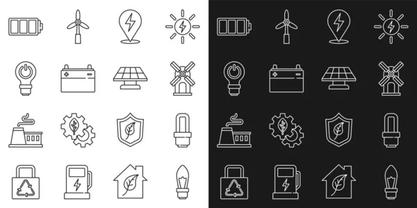 Set Linie Glühbirne, LED-Licht, Windturbine, Blitz, Autobatterie, mit Blitz, Batterie und Solar-Panel-Symbol. Vektor — Stockvektor