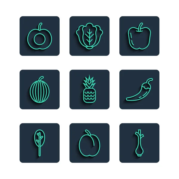 Set line Spinach, Plum fruit, Fresh green onions, Apple, Pineapple, Watermelon, Peach and Hot chili pepper pod icon. Vector — Stockvektor