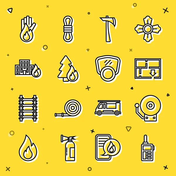 Set line Walkie talkie, Ringing alarm bell, Evacuation plan, Firefighter axe, Burning forest tree, burning buildings, No fire and Gas mask icon. Vector — ストックベクタ