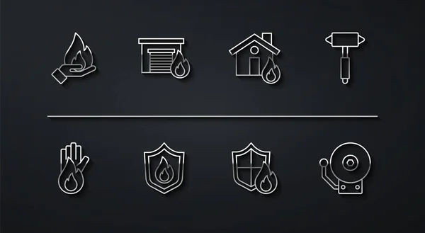 Set line Hand holding a fire, No, Firefighter axe, protection shield, burning garage, Ringing alarm bell and house icon. Vector — Stock vektor