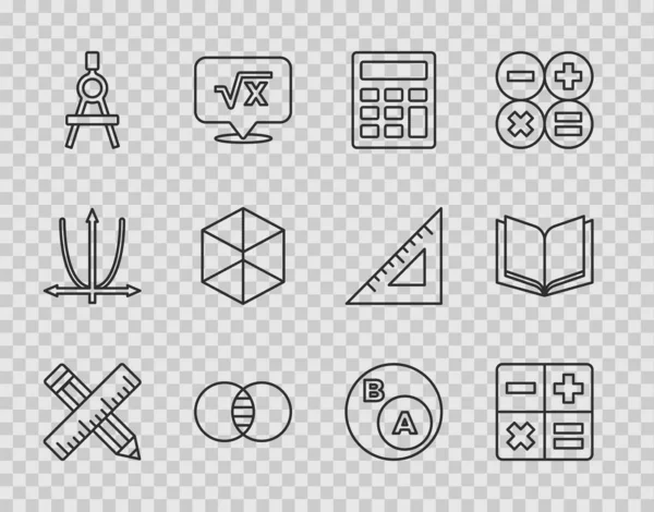 Set line Crossed ruler and pencil, Calculator, Mathematics sets A B, Drawing compass, Geometric figure Cube, Subsets, math, is subset of and Open book icon. Vector — Stockvektor