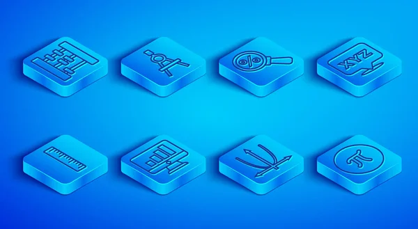 Set line Abacus, Drawing compass, Magnifying glass with percent, Computer monitor graph chart, Graph, schedule, chart, diagram, XYZ Coordinate system, Ruler and Pi symbol icon. Vector — Vetor de Stock