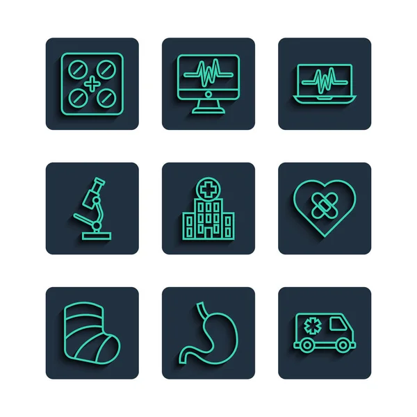 Set line Gypsum, Human stomach, Emergency car, Laptop with cardiogram, Medical hospital building, Microscope, Pills blister pack and Healed broken heart icon. Vector — 스톡 벡터