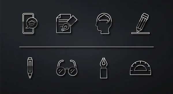 Set line Graduation cap on mobile, Marker pen, Pencil with eraser, Fountain nib, Glasses, Exam sheet and pencil, Protractor grid and Human brain icon. Vector — Stok Vektör