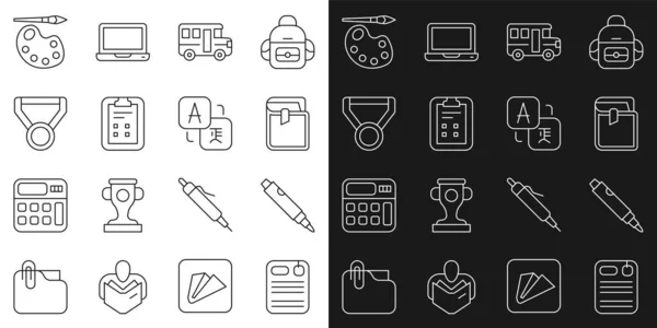 Set line Dossier folder, Marker pen, Book, School Bus, Exam sheet with check mark, Medal, Paint brush palette and Translator icon. Vector — Archivo Imágenes Vectoriales