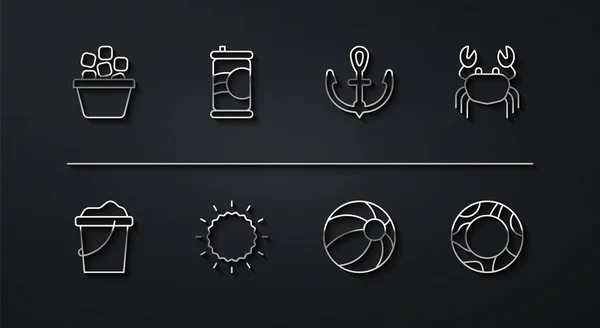 Set line Ice bucket, Sand in, Crab, Beach ball, Sun, Soda can, Rubber swimming ring and Anchor icon. Vector — Stok Vektör