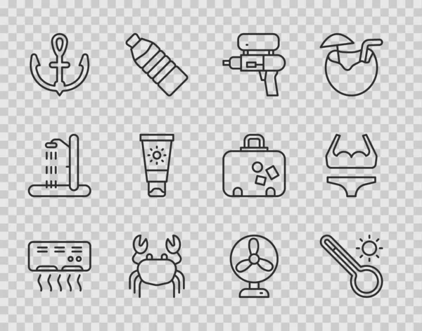 Set line Air conditioner, Meteorology thermometer, Water gun, Crab, Anchor, Sunscreen cream in tube, Electric fan and Swimsuit icon. Vector — стоковий вектор