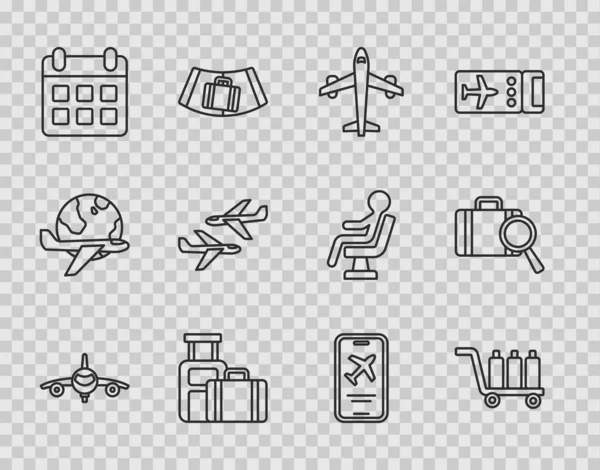 Set line Plane, Trolley baggage, Suitcase, Calendar and airplane, Mobile with ticket and Lost icon. Vector — Stock Vector
