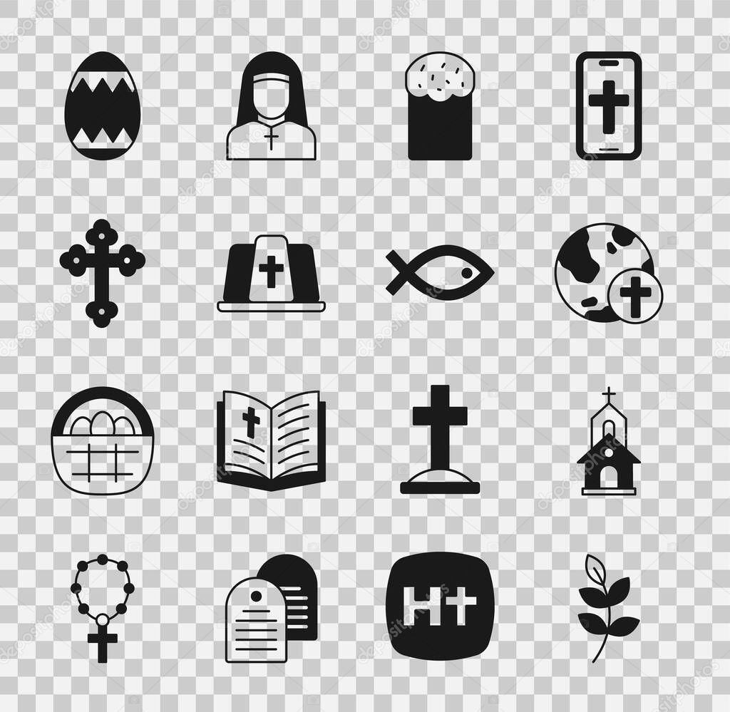 Set Willow leaf, Church building, Christian cross with globe, Easter cake, Pope hat, egg and fish symbol icon. Vector