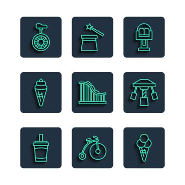 Su, antika bisiklet, dondurma külahı, atlıkarınca, lunapark treni, tek tekerlekli ya da tekerlek ve ikonlu çizgi kağıt bardak. Vektör