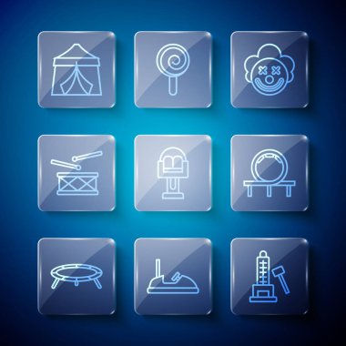 Çizgi trambolin, çarpışan araba, çekiçli Striker çekimi, palyaço kafası, atlıkarınca, davul bagetleri, sirk çadırı ve lunapark treni ikonu. Vektör