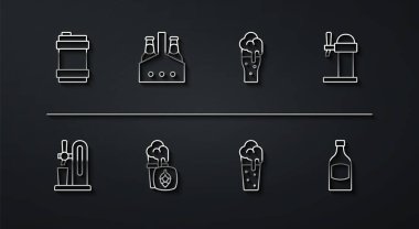 Metal bira fıçısını, bardaklı bira fıçısını, şeker kutusunu, şişe kutusunu ve ikonu yerleştir. Vektör