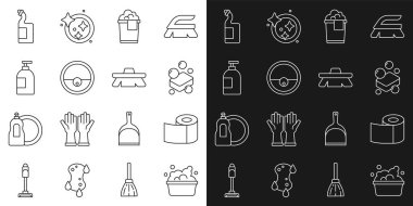 Sabun köpüklü leğen, tuvalet kağıdı rulosu, kova köpüğü, robot elektrikli süpürge, bulaşık deterjanı, ve temizlik ikonu için fırça. Vektör