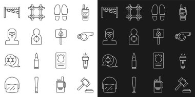 Yargıç Tokmak, El feneri, Düdük, Ayak Adımları, Atış için İnsan Hedef Spor, Hırsız maskesi, Suç mahalli ve Protesto ikonu. Vektör