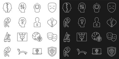 Psikoloji, Psi, Komedi ve Trajedi Maskeleri, Kırık Kalp ya da Boşanma, Öfke, Kafa ve Soru İşareti, Yardımcı El, Bipolar Bozukluk ve Problemin Çözümü. Vektör