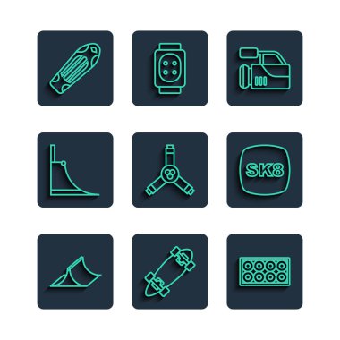 Çizgi kaykay parkı, kaykay veya kaykay, kaykay tekerleği, sinema kamerası, Y-aracı, güverte ve simge. Vektör