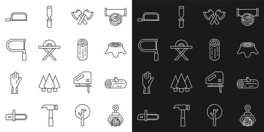 Grapple vinç bir kütük, tahta kütük, ağaç kütüğü, balta, elektrikli testere, testere ve simge aldı. Vektör