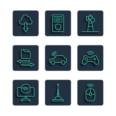 Akıllı TV sistemi, Anten, Kablosuz bilgisayar faresi, uydu anteni, araba, transfer dosyaları, Bulut indirme ve oyun alanı simgesi ayarla. Vektör