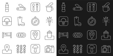 Kamera, çöp tenekesi, meşale ateşi, çatal ve kaşık, su geçirmez lastik bot, gündoğumu, şişe suyu ve pusula ikonu. Vektör