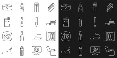 Set line Lighter, Cigar, Electronic cigarette, Cigarettes pack box, Ashtray and icon. Vector